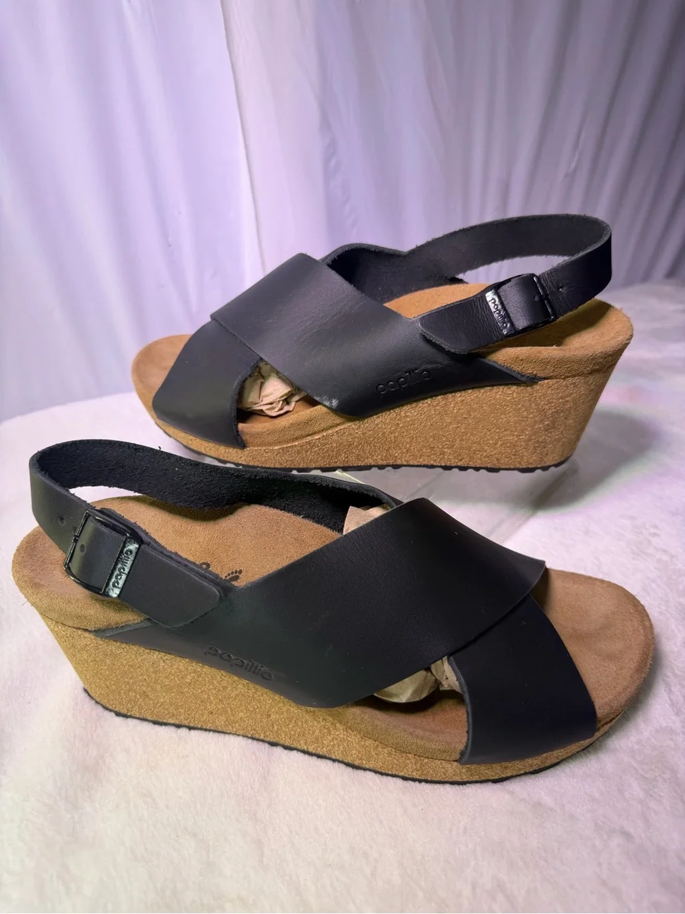 Papillio Black Leather Cork Wedge Sandals
